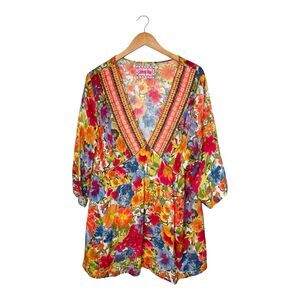 Johnny Was Floral Embroidered V-Neck Tunic Blouse Top Womens 1X Rayon Boho